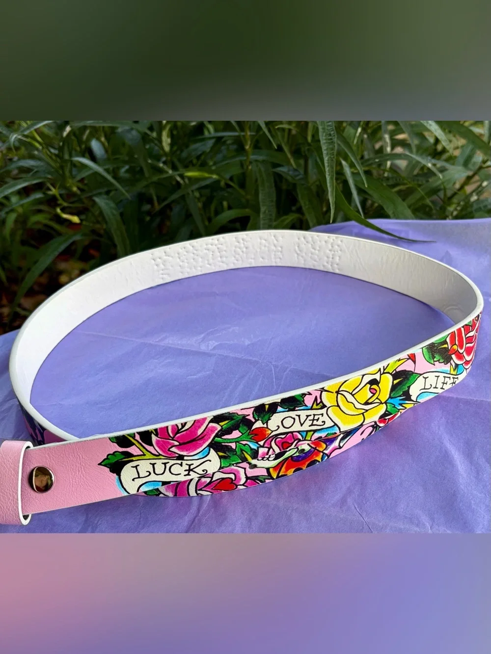 NWT ED HARDY Women's Small/Medium Pink Floral Logo Belt with Rhinestones